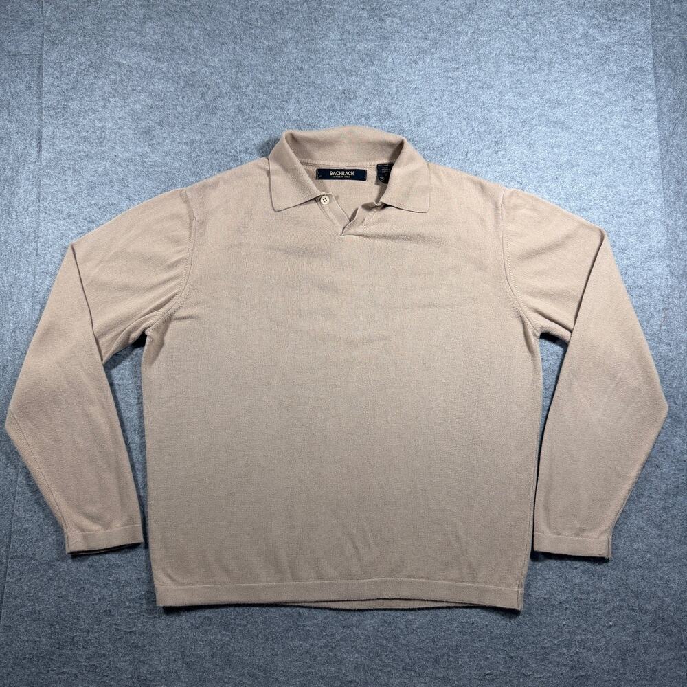 VTG Bachrach Sweater Polo Mens M Tan Long Sleeve Knit Collared Made In Italy
